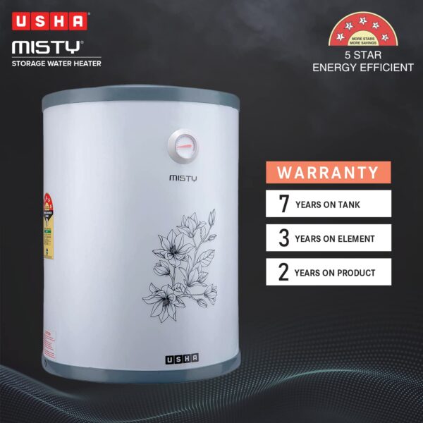 Usha Misty 25 Ltr 2000-Watt 5 Star Storage Water Heater (Grey Magnolia),With Free Installation And Connection Pipes - Image 2