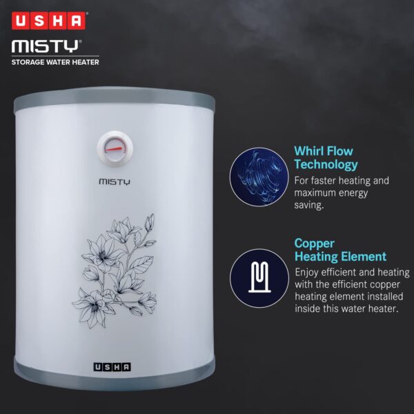 Usha Misty 25 Ltr 2000-Watt 5 Star Storage Water Heater (Grey Magnolia),With Free Installation And Connection Pipes - Image 3