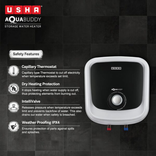 Usha Aquabuddy 25 Litre Storage Water Heater with Free Installation (White Black) - Image 4