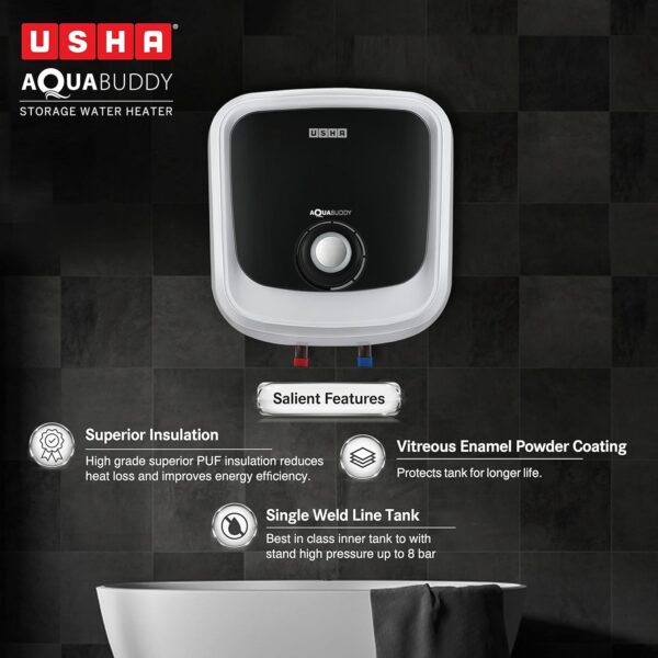 Usha Aquabuddy 25 Litre Storage Water Heater with Free Installation (White Black) - Image 5