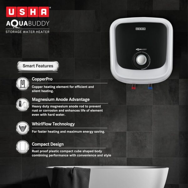 Usha Aquabuddy 25 Litre Storage Water Heater with Free Installation (White Black) - Image 6