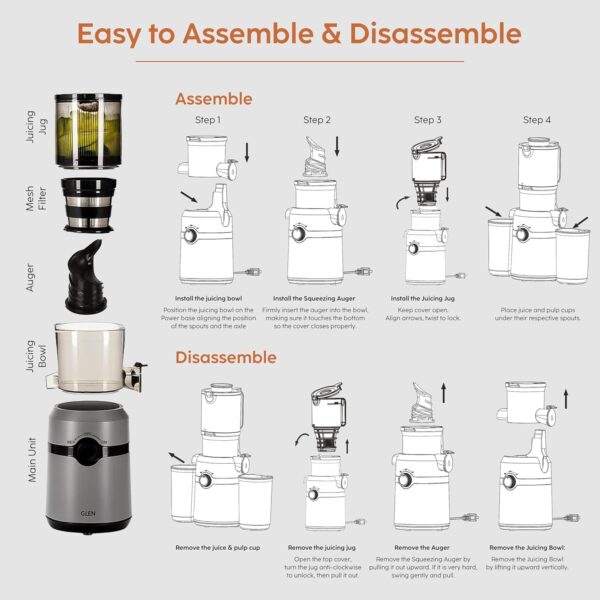 Glen Hopper Cold Press Juicer for Home, 200W, 108mm Large Feed, 0.8L Juice & 0.7L Pulp Cup, 2 Size Filter, Low Noise RMP, Fruit & Vegetable Slow Juicer Machine, Easy Clean - SA-4015HSJ - Image 2