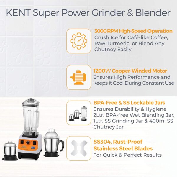KENT 16083 1200 W Juicer Mixer Grinder  (SUPER POWER GRINDER & BLENDER | 3 Jars | Steel, Clear) - Image 2