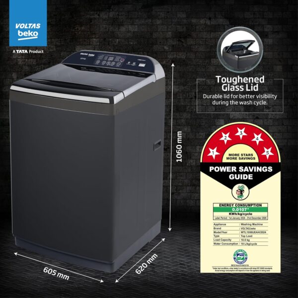 Voltas Beko, A Tata Product 10 Kg 5 Star Fully-Automatic Top Loading Washing Machine (WTL1006UEAH/OBS3060, Dark Grey, Inbuilt Heater) - Image 2