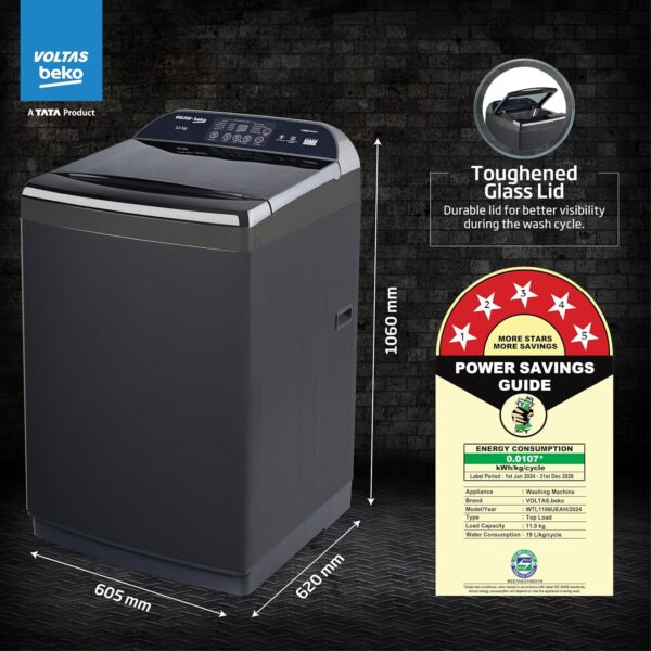 Voltas Beko, A Tata Product 11 Kg 5 Star Fully-Automatic Top Loading Washing Machine (WTL1106UEAH / OBS3060, Dark Grey, Inbuilt Heater) - Image 2