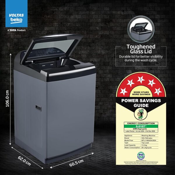 Voltas Beko, A Tata Product 11 Kg 5 Star Fully-Automatic Top Loading Washing Machine (WTL1106UEA / OBS1060, Grey, Double Waterfall Technology) - Image 2