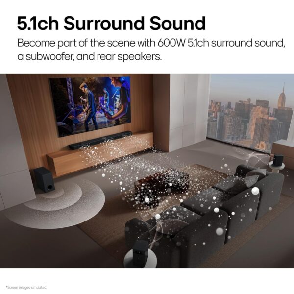 LG Soundbar S65TR, 600W, 5.1 Ch Home Theater Soundbar with Dolby Digital & DTS Digital Surround, AI Sound Pro, Wow Interface, Wireless Subwoofer & New Wireless Rear Speaker Without Receiver Box - Image 3