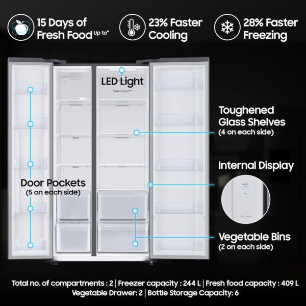 Samsung 653 L, 2 Star, Frost Free, Double Door, Convertible 5-in-1 Digital Inverter, Side By Side Refrigerator (RS76CG80X0S9HL, Silver, Refined Inox) - Image 3