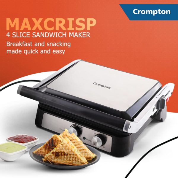 Crompton MaxCrisp 4 Slice Sandwich Maker 2000W with Timer and 180 Degrees Barbecue Grill - Image 3