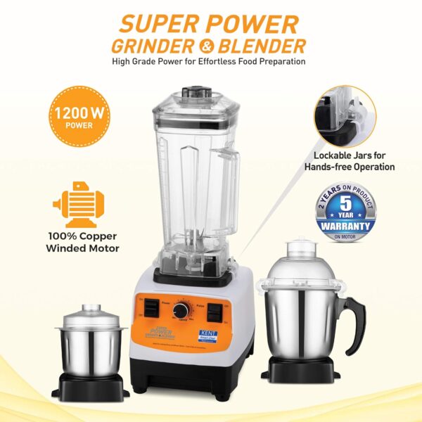 KENT 16083 1200 W Juicer Mixer Grinder  (SUPER POWER GRINDER & BLENDER | 3 Jars | Steel, Clear) - Image 3