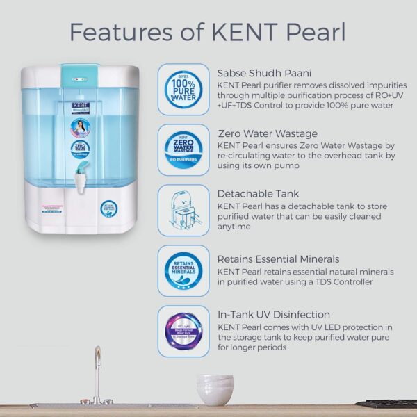 KENT Pearl RO Water Purifier | 4 Years Free Service | ISI Marked | Multiple Purification Process | RO + UV + UF + TDS Control + UV LED Tank | 8L Detachable Tank | Zero Water Wastage | White - Image 3