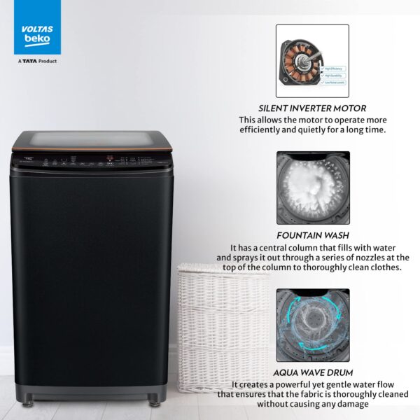 Voltas Beko 7.0 Kg, 5 Star, Inverter, Fully Automatic Top Load Washing Machine (WTL70VPBGF, Black), JET Wash/ Hand Wash, Drum Light,Fountain Wash - Image 3