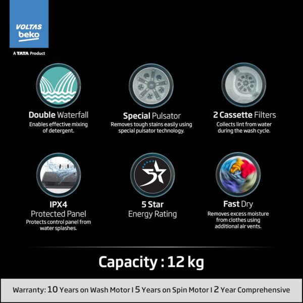 Voltas Beko, A Tata Product 14 Kg 5 Star Semi-Automatic Top Load Washing Machine (WTT140UPA/GR5KPTD, Grey, Special pulsator and Double waterfall Technology) - Image 4