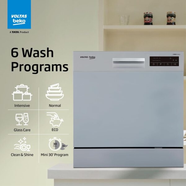 Voltas beko 8 Place Settings Table Top Dishwasher (2020/2021, DT8S, Silver, Inbuilt Heater) - Image 3