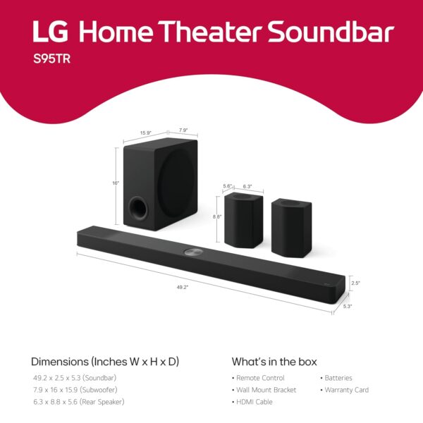 LG S95TR 810W 9.1.5 Channel Dolby Atmos, True Wireless Triple Up-Firing Speaker with Up-Firing Rear Speaker, Home Theater Soundbar with HDMI, Wi-Fi, USB & Bluetooth Connectivity (Black) - Image 4