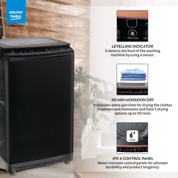 Voltas Beko 7.0 Kg, 5 Star, Inverter, Fully Automatic Top Load Washing Machine (WTL70VPBGF, Black), JET Wash/ Hand Wash, Drum Light,Fountain Wash - Image 4