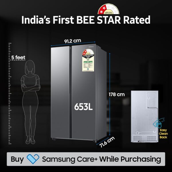 Samsung 653 L, 2 Star, Frost Free, Double Door, Convertible 5-in-1 Digital Inverter, Side By Side Refrigerator (RS76CG80X0S9HL, Silver, Refined Inox) - Image 5