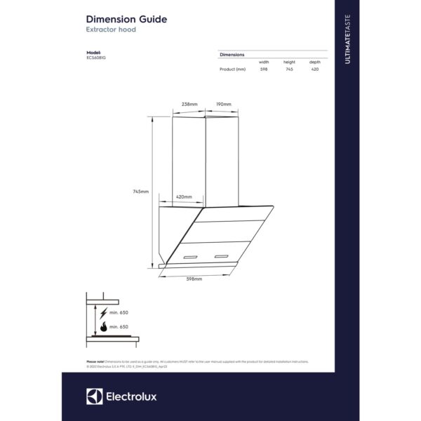 Electrolux 60cm Slope Chimney for up to 195 sqft Kitchen, UltimateTaste 500, Black, ECS6081G - Image 2