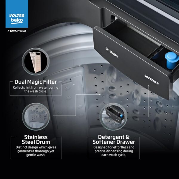 Voltas Beko, A Tata Product 11 Kg 5 Star Fully-Automatic Top Loading Washing Machine (WTL1106UEA / OBS1060, Grey, Double Waterfall Technology) - Image 6