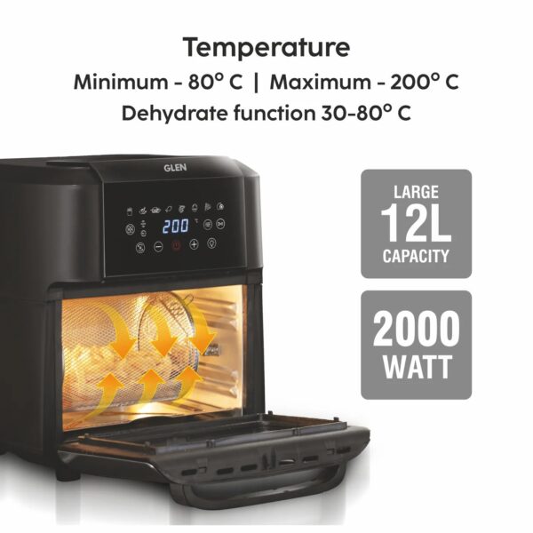 Glen Digital Air Fryer Oven for Home, 12 Litre, 2000W, 8 Preset Function, Rotisserie, Digital Display & Controls, Airfryer to Dehydrate, Bake, Roast, Toast with Less Oil, 8 Accessories (SA 3040 DSS) - Image 6