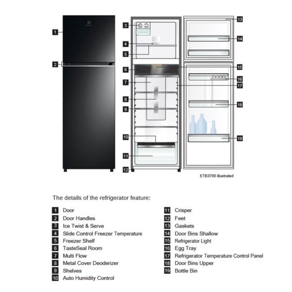 Electrolux 360L Frost Free Inverter Double Door Refrigerator, Top Freezer, TasteLockAuto & TasteSeal Technology, Glossy Black Steel, UltimateTaste 300, ETB3700K-H - Image 3