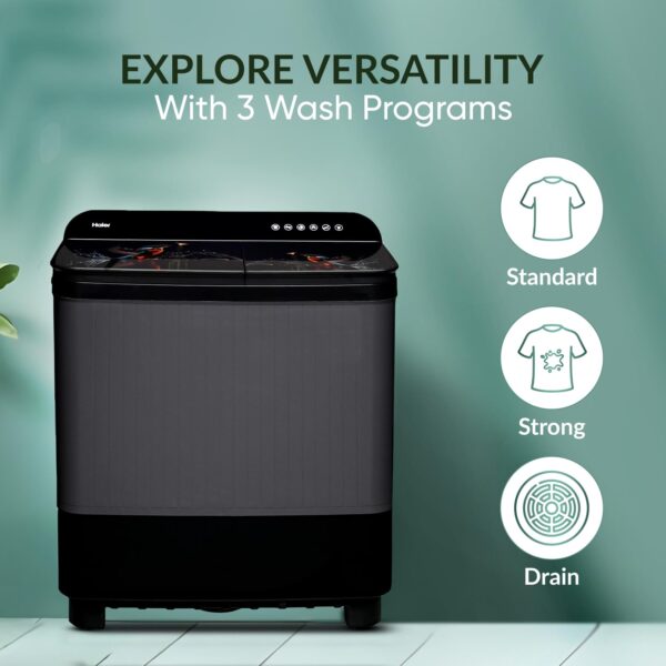 Haier 11 Kg 5 Star Toughened Gas Softfall Technology Semi Automatic Top Loading Washing Machine (HTW110-178FL, Anti Bacterial Vortex Pulsator, Magic Filter, Rat Mesh, Digital Printing Lid, Black) - Image 3