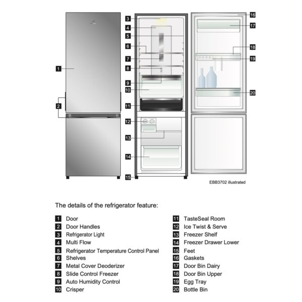 Electrolux 360L Frost Free Inverter Double Door Refrigerator, Bottom Freezer, TasteLockAuto & TasteSeal Technology, Glossy Black Steel, UltimateTaste 300, EBB3702K-H - Image 3