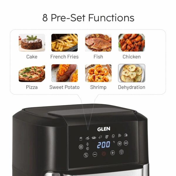 Glen Digital Air Fryer Oven for Home, 12 Litre, 2000W, 8 Preset Function, Rotisserie, Digital Display & Controls, Airfryer to Dehydrate, Bake, Roast, Toast with Less Oil, 8 Accessories (SA 3040 DSS) - Image 8