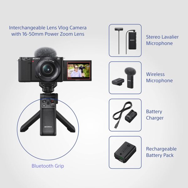 Sony Zv-E10L Vlogging Kit with 16-50Mm Power Zoom Lens, USB Wireless Microphone(Ecm-W2Bt), Lavalier Microphone(Ecm-Lv1), Bluetooth Grip(Gp-Vpt2Bt), Battery Charger (Bc-Trw), Rechargeable Battery(7) - Image 4