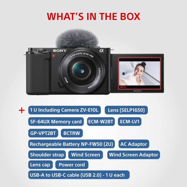 Sony Zv-E10L Vlogging Kit with 16-50Mm Power Zoom Lens, USB Wireless Microphone(Ecm-W2Bt), Lavalier Microphone(Ecm-Lv1), Bluetooth Grip(Gp-Vpt2Bt), Battery Charger (Bc-Trw), Rechargeable Battery(7) - Image 3