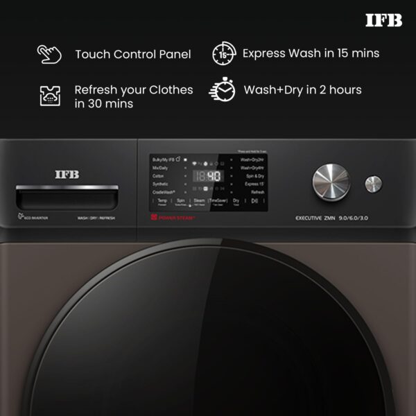 IFB 9/6/3 kg Fully Automatic Washer Dryer Refresher with Steam Refresh, AI Powered, 100% Dry Clothes, 9 Swirl Wash Mimic Handwashing, WiFi & Eco Inverter Motor (WDR Executive ZMN, Mocha) - Image 6