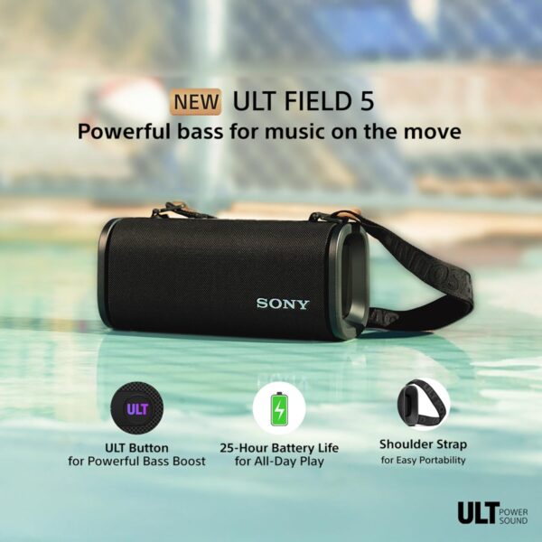 Sony New Launch ULT Field 5 Bluetooth Wireless Speaker with Massive Bass|360° Party Light|25hrs Playtime|IP67|Shoulder Strap|Quick Charge|Built in Powerbank|Party Connect(SRS-ULT50)-Black - Image 8