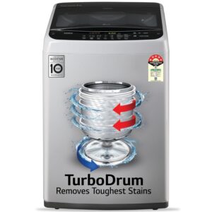 LG 8 Kg 5 Star Inverter TurboDrum Fully Automatic Top Loading Washing Machine Appliance (T80SPSF2Z, Waterfall Circulation, Smart Filter, Middle Free Silver)