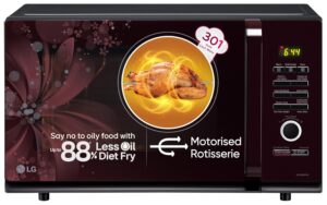 LG 32 L Convection Microwave Oven (MC3286BRUM, Black, 360° Motorised Rotisserie for Bar-be-queing, 301 Auto Cook Menu, Stainless steel cavity, Indian Cuisine, Tandoor Se, Steam Clean & Diet Fry)